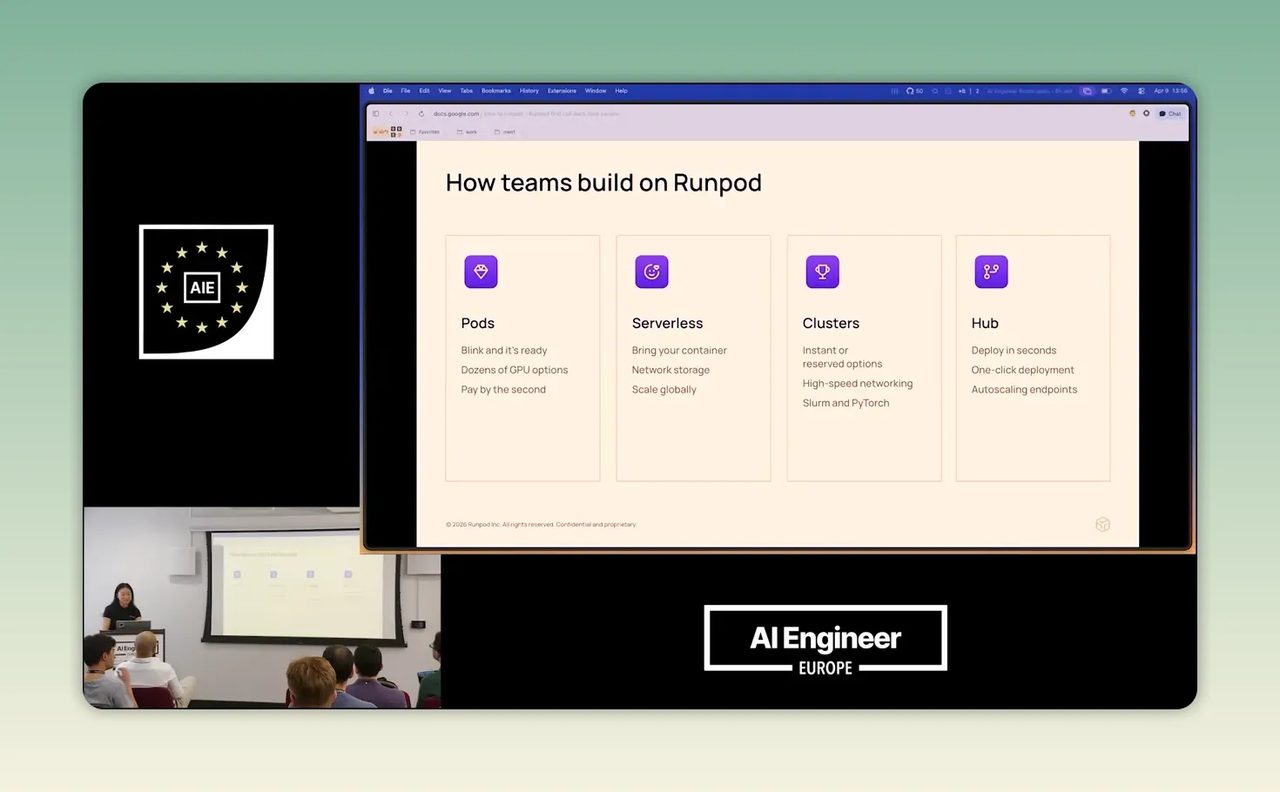 สไลด์ How teams build on RunPod แสดง Pods Serverless Clusters และ Hub