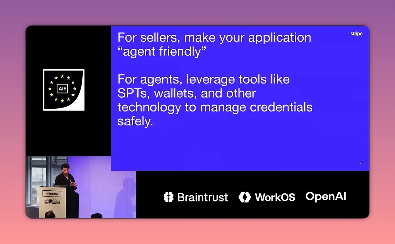 สไลด์แนะนำให้ผู้ขายทำแอปให้ agent friendly และให้ฝั่ง agent ใช้เครื่องมือจัดการ credentials อย่างปลอดภัย