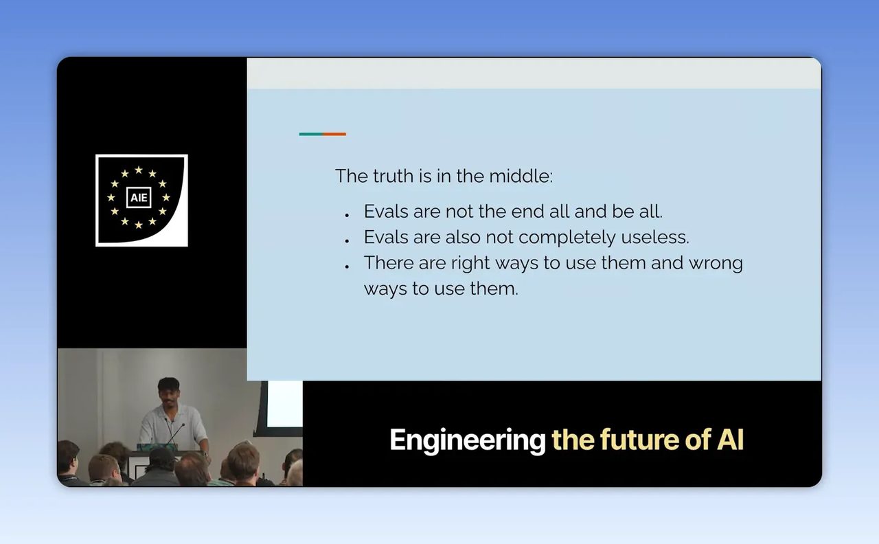 สไลด์หัวข้อ The truth is in the middle พร้อม bullet points เกี่ยวกับ evals
