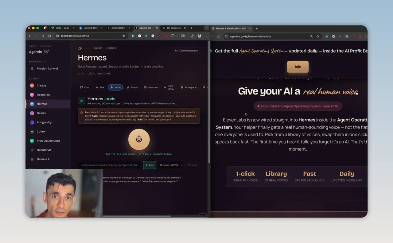 หน้าจอ Hermes และหน้าเว็บไซต์ด้านขวาที่อธิบายการตั้งค่า agent os