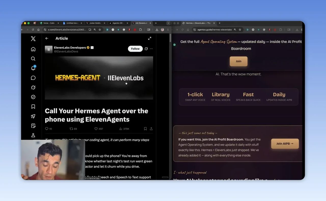หน้าบทความการตั้งค่า Hermes Agent กับ ElevenLabs อยู่ข้างหน้าจอ Hermes