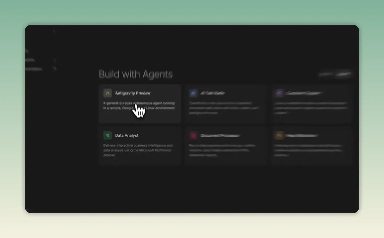 การ์ดตัวอย่าง agent หลายแบบในหน้า Build with Agents ของ Google AI Studio