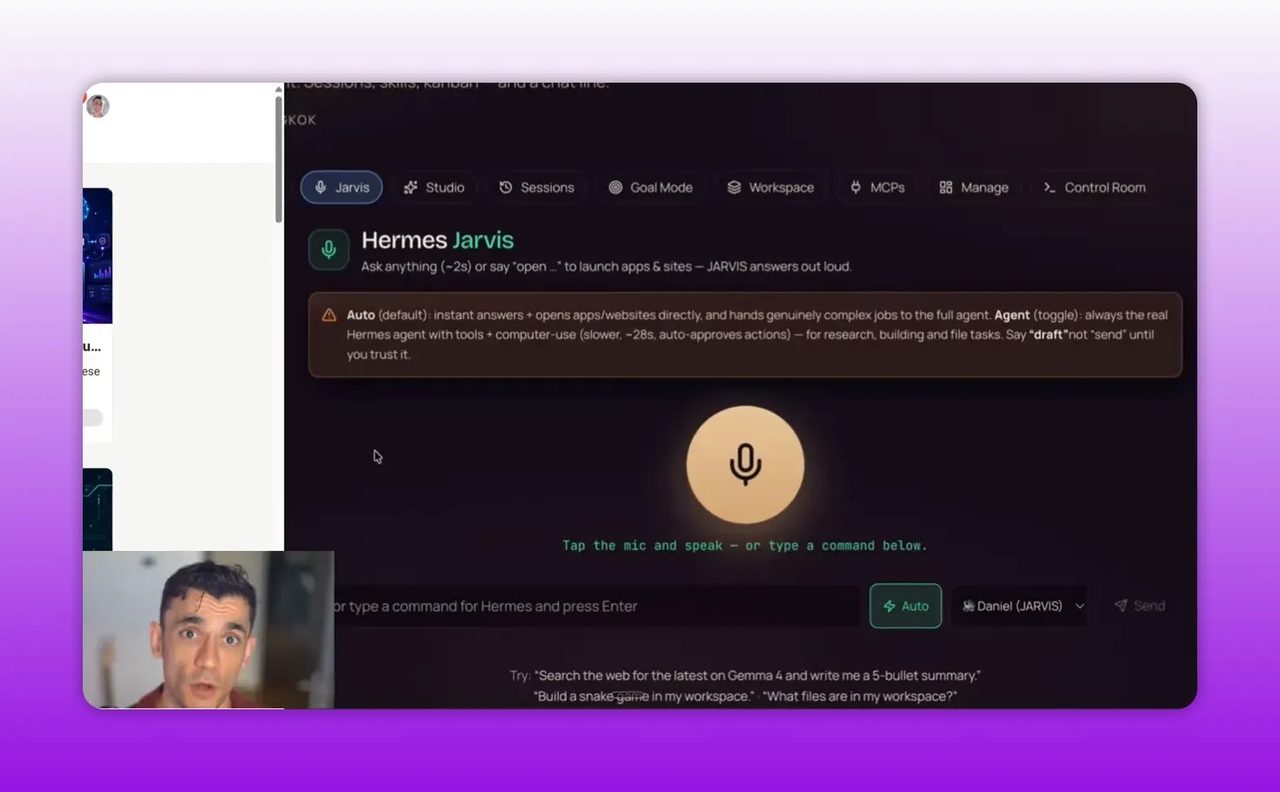 หน้าจอ Hermes Jarvis มีปุ่มไมโครโฟนตรงกลางและข้อความ session