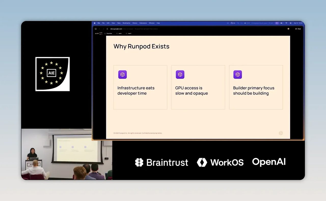 สไลด์หัวข้อ Why RunPod Exists พร้อมเหตุผล 3 ข้อเรื่อง infrastructure GPU access และการโฟกัสที่การสร้าง