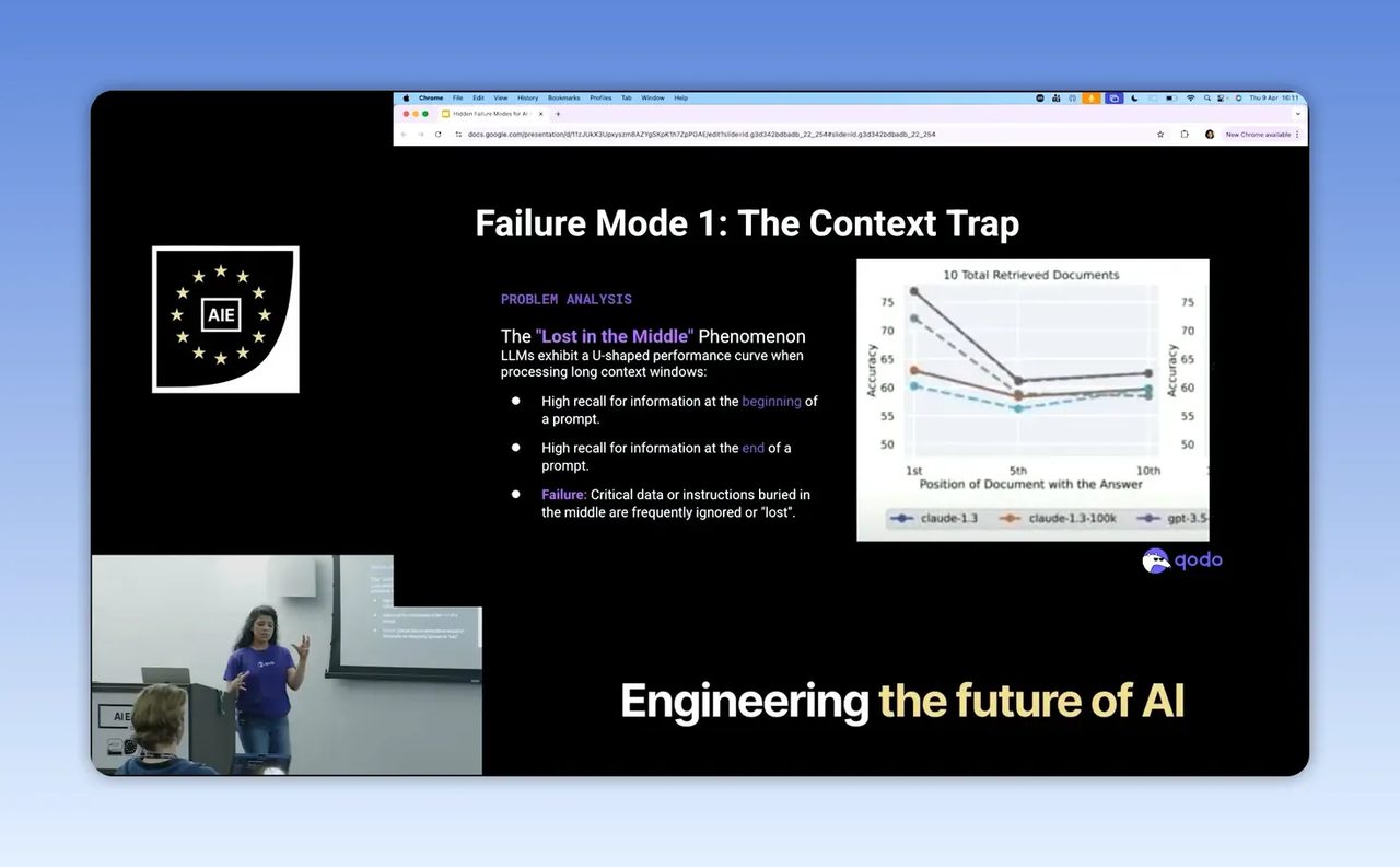 สไลด์หัวข้อ Failure Mode The Context Trap พร้อมกราฟและตัวอย่างหน้าต่าง context