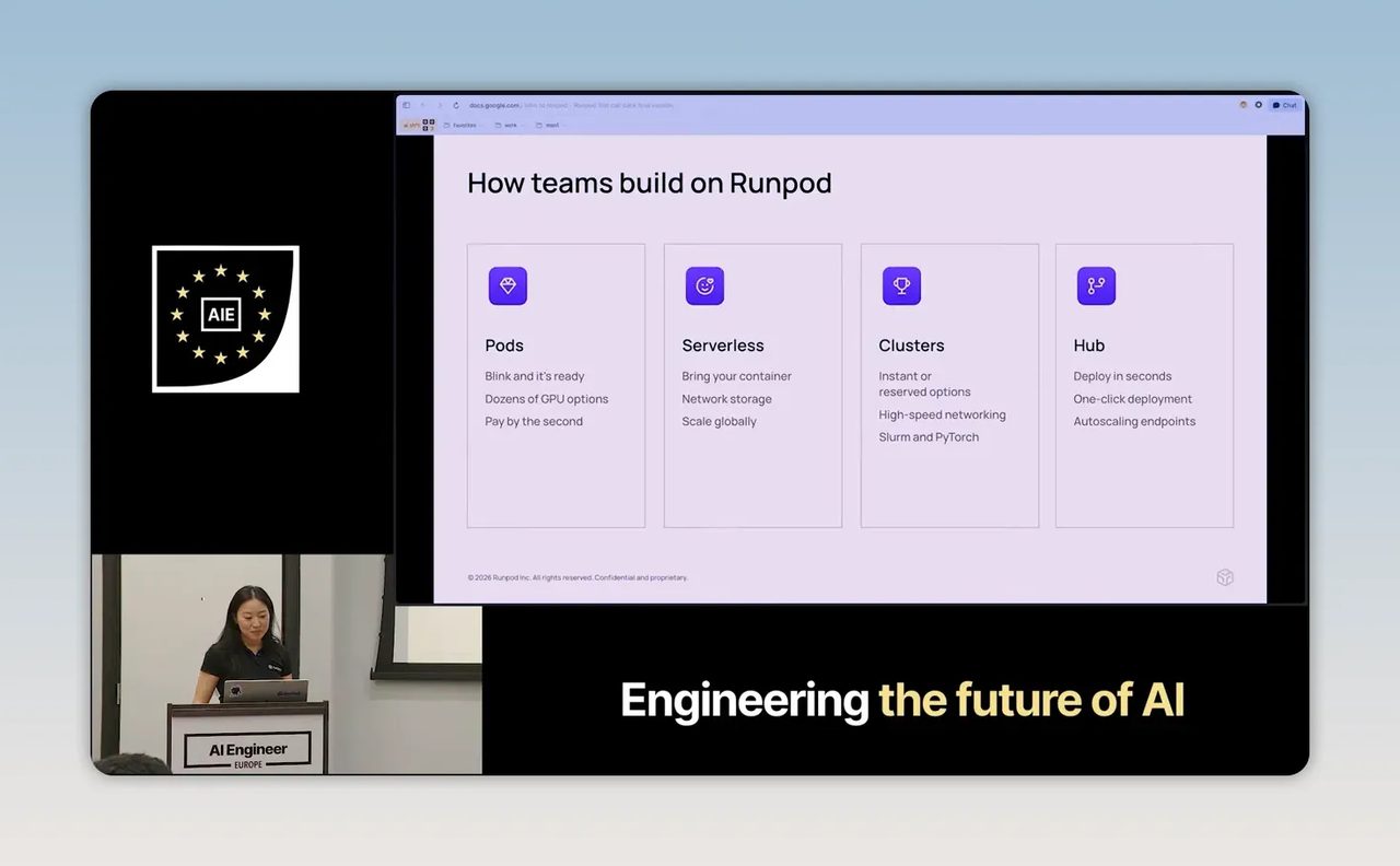 สไลด์ How teams build on Runpod แสดง Pods Serverless Clusters และ Hub