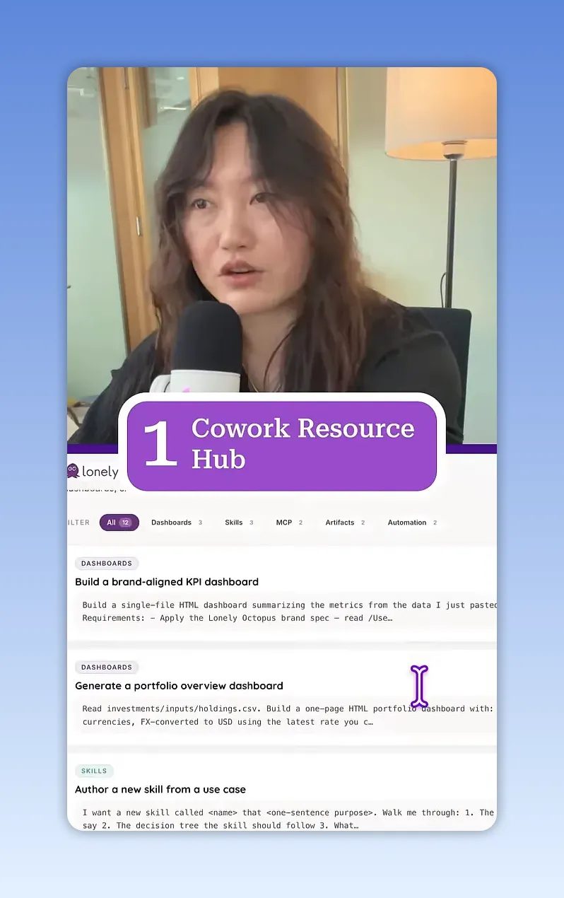 หน้าจอ resource hub พร้อมหัวข้อ Cowork Resource Hub และรายการเนื้อหา