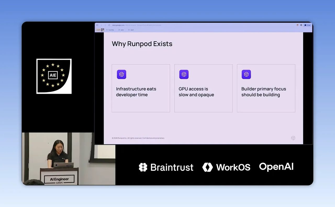 สไลด์หัวข้อ Why Runpod Exists พร้อมเหตุผลเรื่อง infrastructure และ GPU access