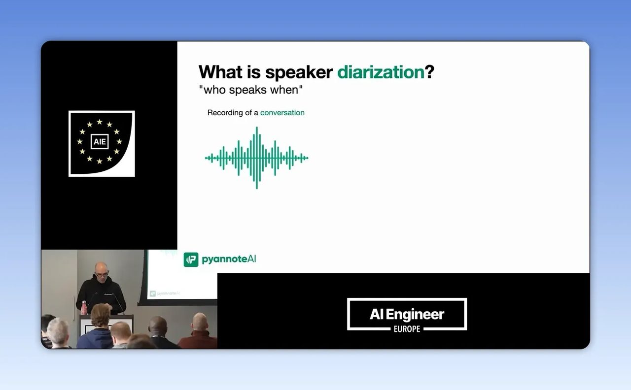 สไลด์หัวข้อ What is speaker diarization พร้อมภาพคลื่นเสียง