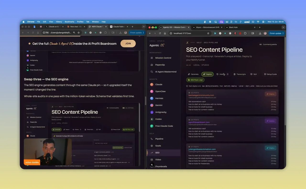 หน้าจอ SEO Content Pipeline แสดงการ์ด workflow หลายส่วนและตัวเลือกในแดชบอร์ดสีเข้ม