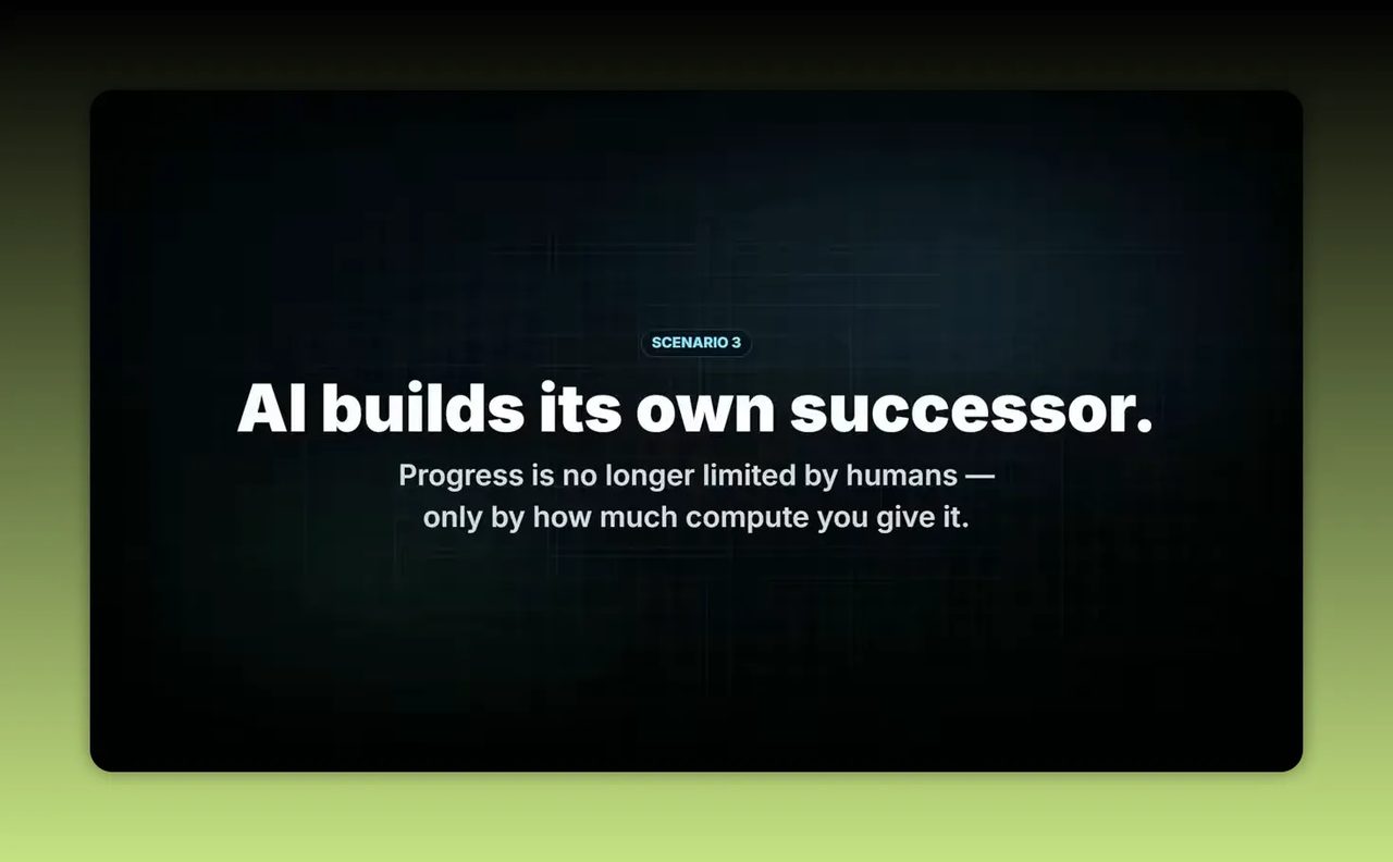 สไลด์ข้อความ AI builds its own successor บนพื้นหลังสีเข้ม