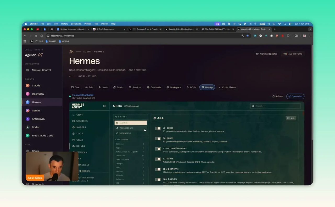 หน้า Hermes Skills แสดงการค้นหาและการ์ด skill หลายรายการ