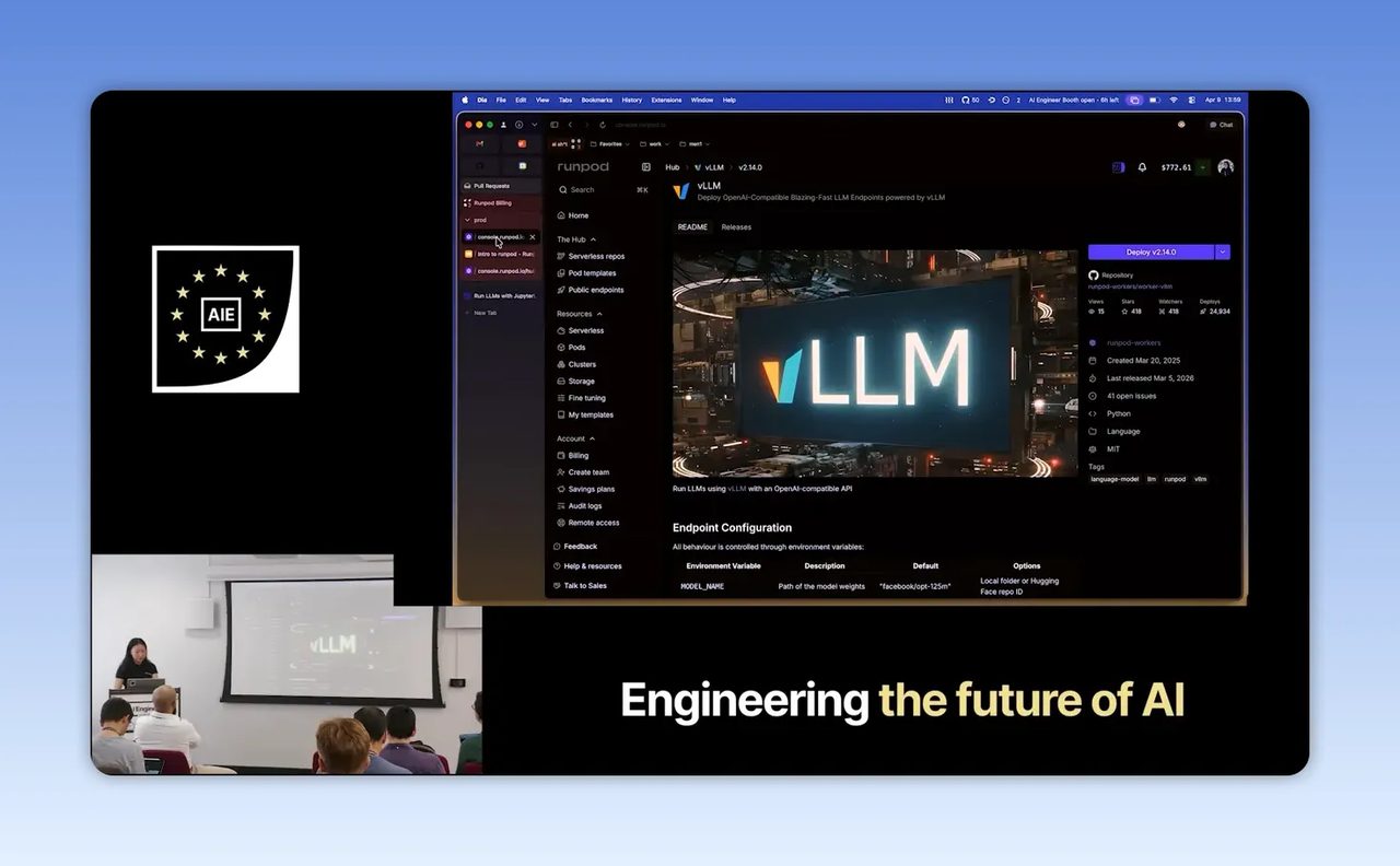 หน้า Hub ของ RunPod แสดง listing สำหรับ vLLM ในหน้าจอธีมมืด