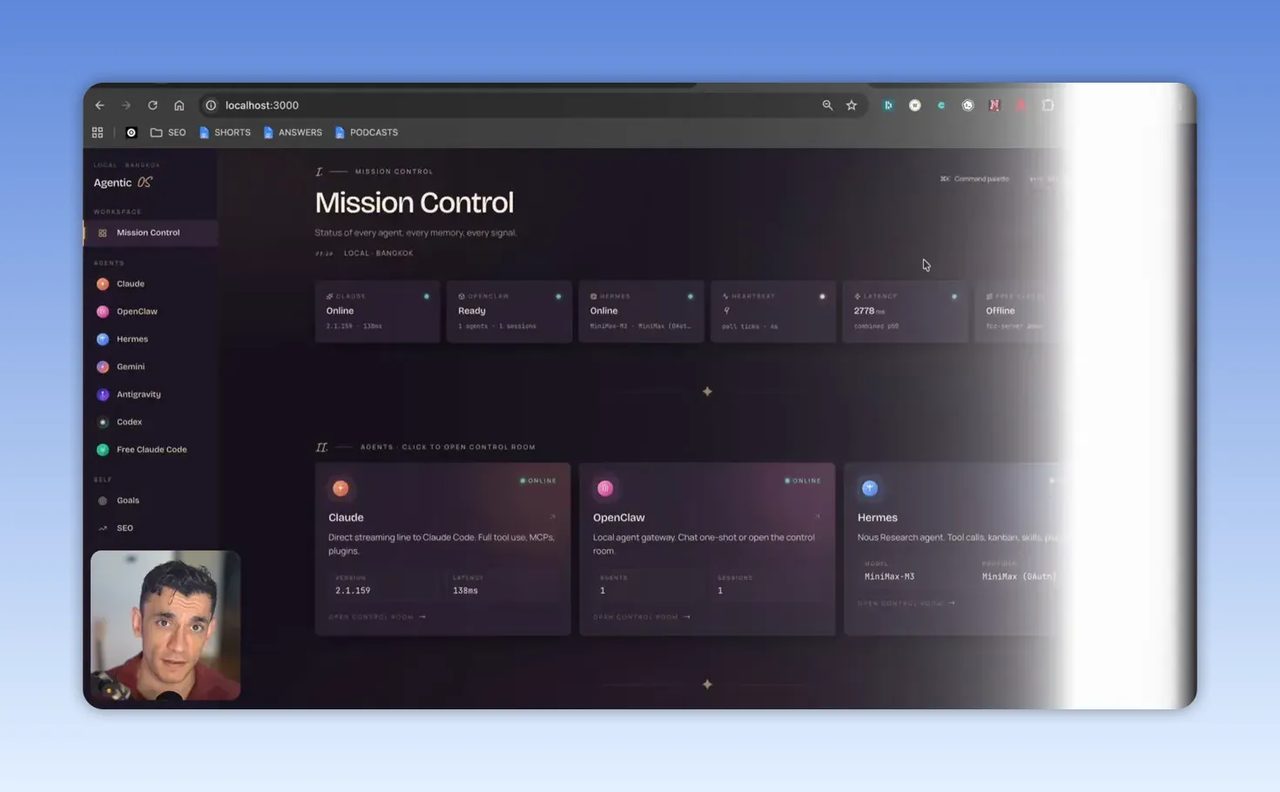 หน้าจอ Mission Control แสดงการ์ด agent หลายตัวและสถานะงานบนแดชบอร์ด