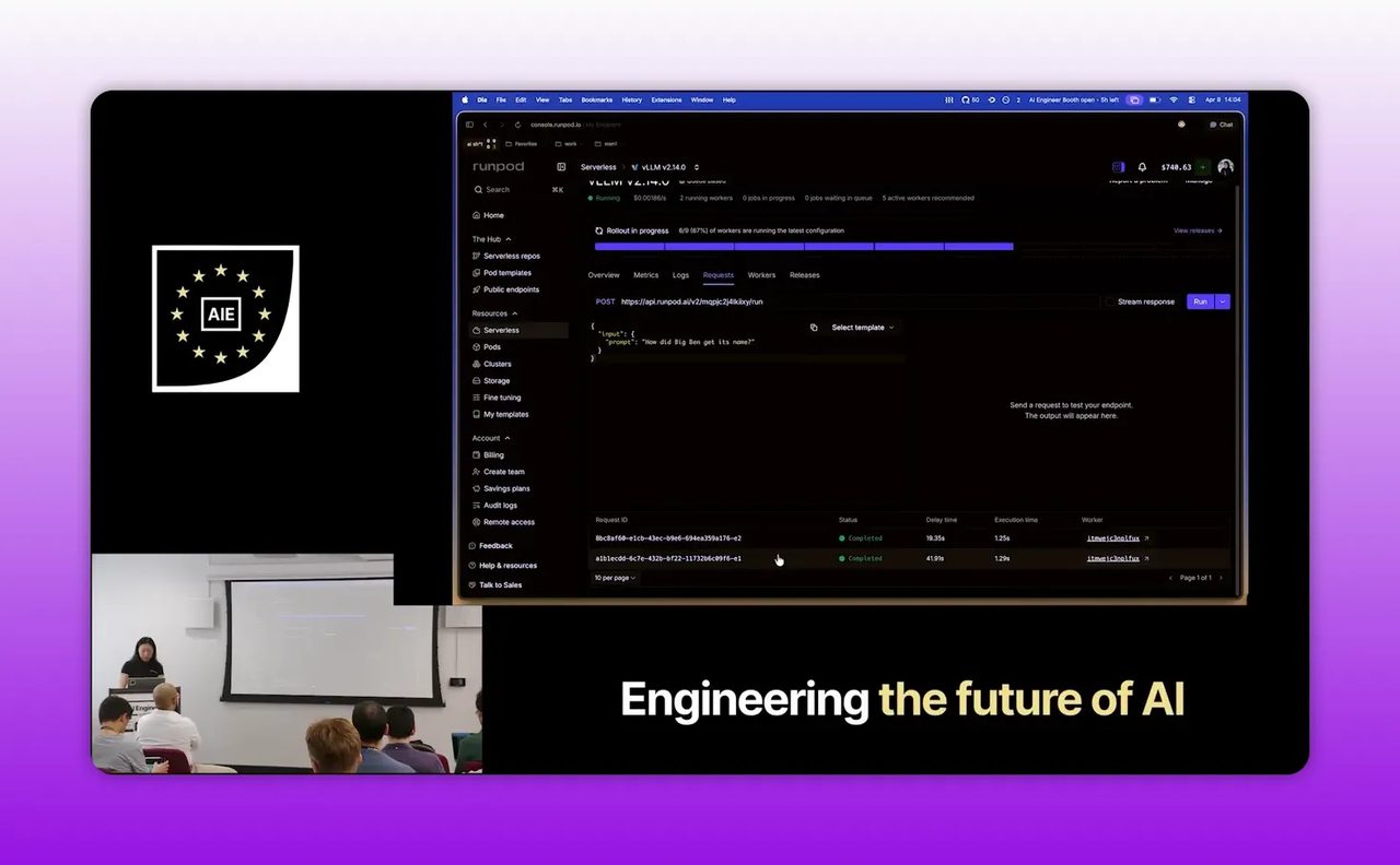 หน้า endpoint test ของ RunPod แสดงผลลัพธ์คำตอบจากโมเดลในพาเนลด้านขวา