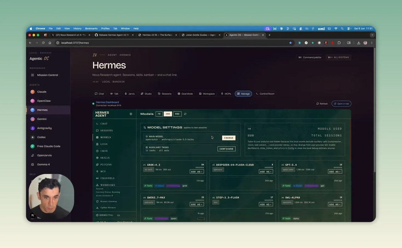 หน้าจอจัดการโมเดลใน Hermes แสดงการ์ดและตัวเลือกหลายโมเดล