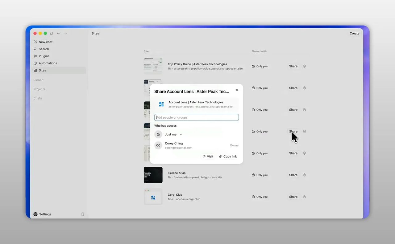 หน้าต่างแชร์ไซต์พร้อมตัวเลือกสิทธิ์การเข้าถึงบนรายการไฟล์ใน workspace