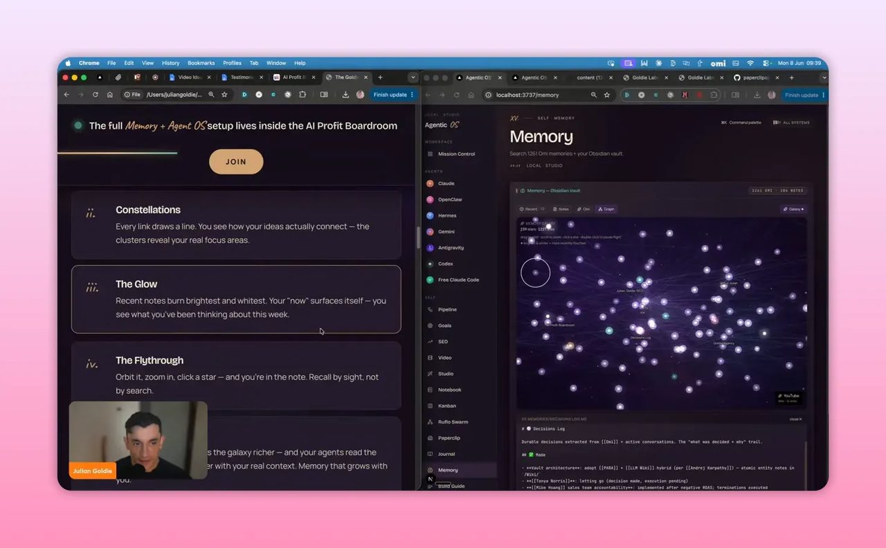 หน้าเว็บอธิบายองค์ประกอบของ Goldie Memory Galaxy พร้อมหัวข้อ The Glow The Flythrough และ The Improvements