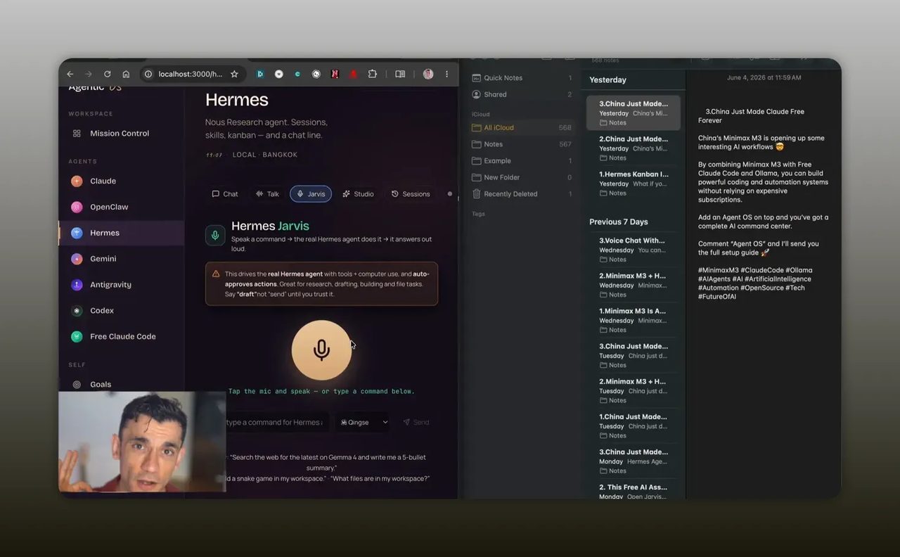 หน้าจอ Agent OS ด้านซ้ายพร้อมแอปโน้ตหรือเอกสารเปิดอยู่ด้านขวา แสดงการทำงานข้ามหน้าต่าง