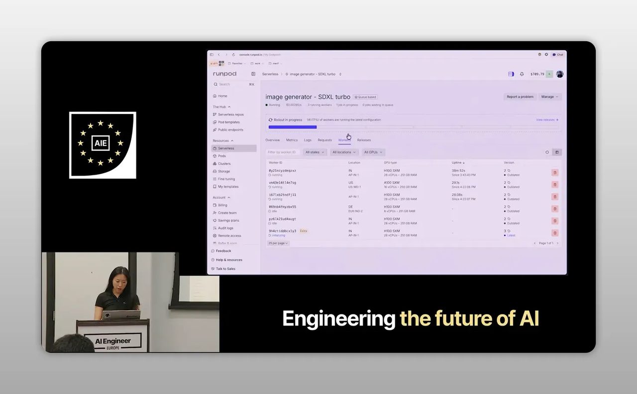 หน้า console ของ RunPod แสดงรายการ worker หลายตัวและสถานะการทำงาน