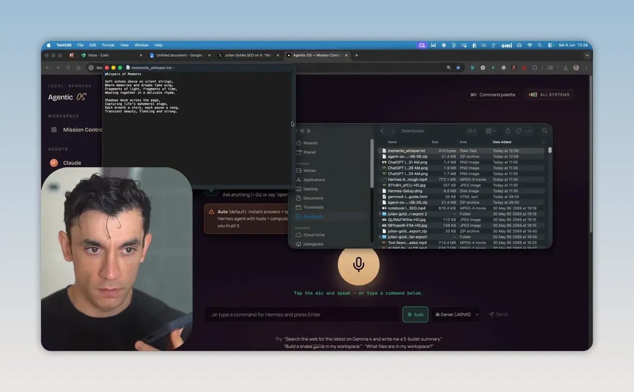 หน้าจอ Hermes พร้อมหน้าต่าง Finder และหน้าต่าง terminal ที่เปิดทับอยู่
