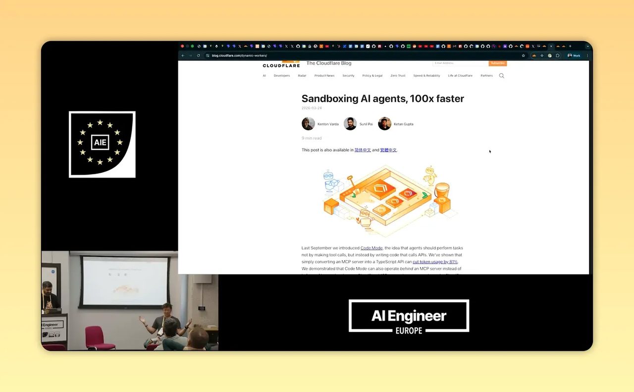 หน้าเว็บ Cloudflare พร้อมหัวข้อ Serverless AI Agents 100x Faster และภาพประกอบสีส้ม