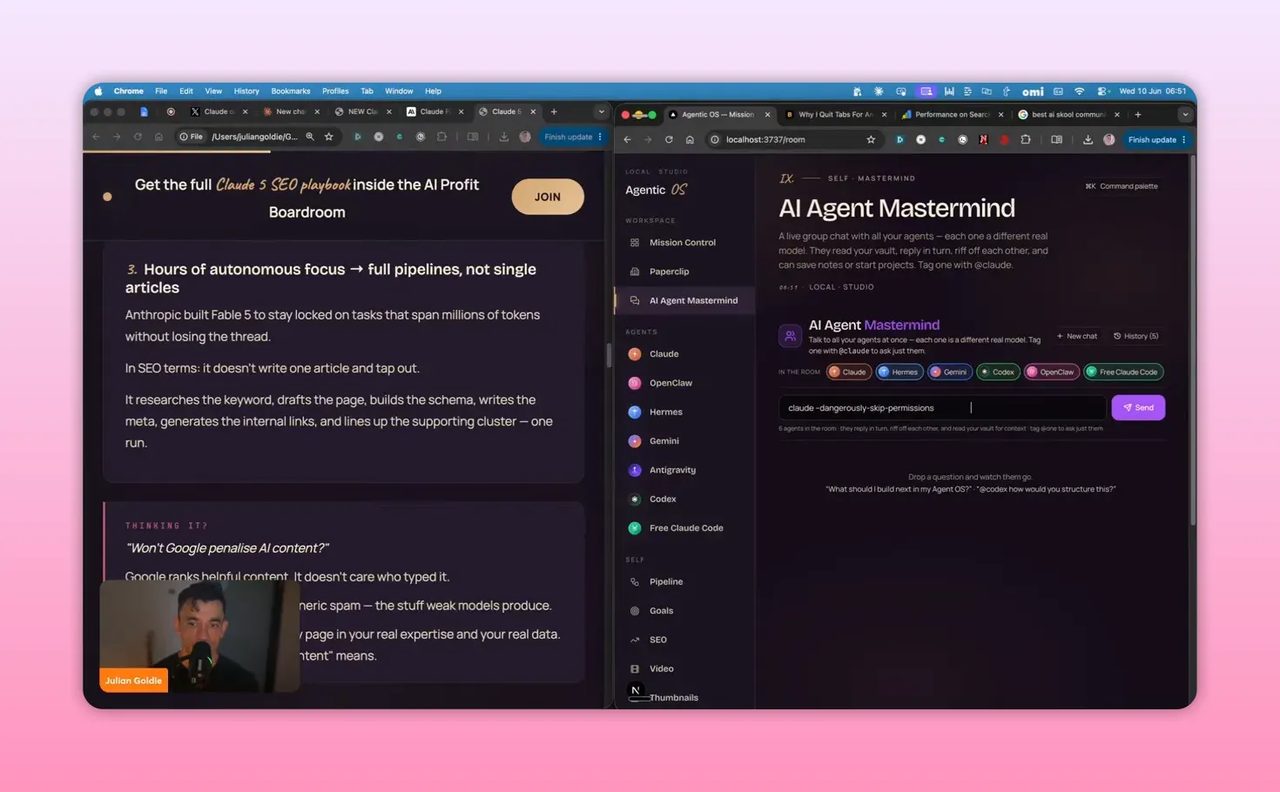 หน้าจอ AI Agent Mastermind พร้อมช่องสนทนาและแท็ก agent หลายตัว
