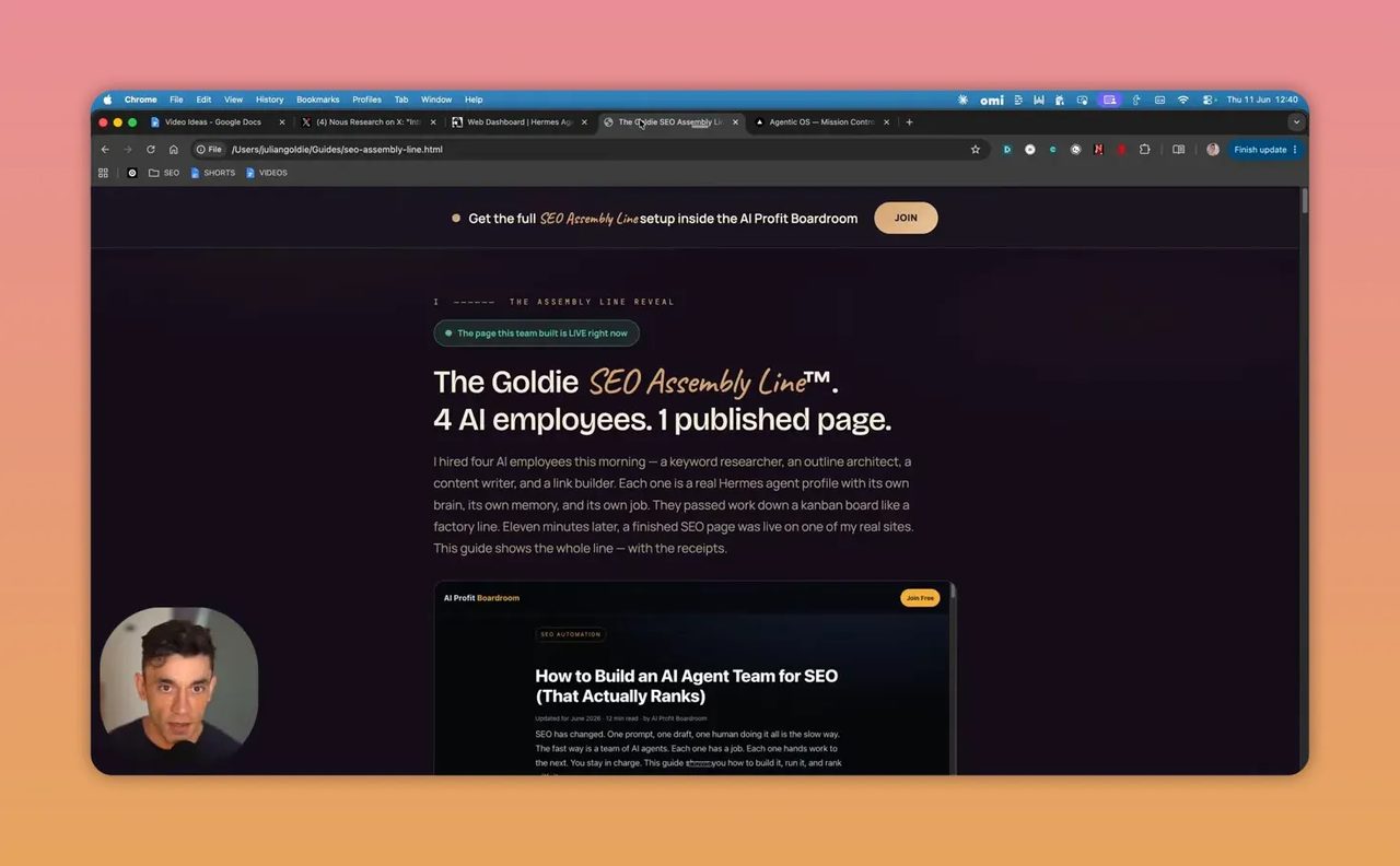 หน้าเว็บแสดงหัวข้อ Goldie SEO Assembly Line พร้อมข้อความว่าใช้ AI 4 ตัวและมีตัวอย่างบทความด้านล่าง