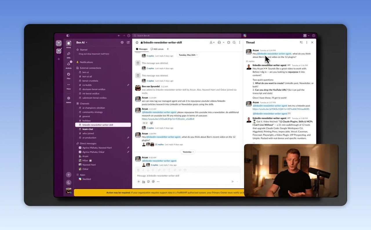 หน้าจอ Slack ที่มี workflow automation และข้อความใน thread