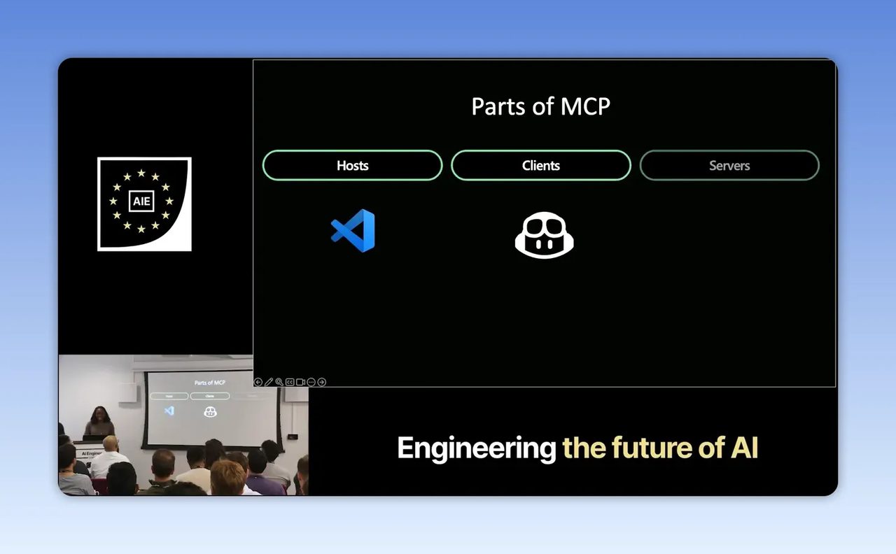 สไลด์ Parts of MCP แสดง host client และ server พร้อมไอคอน VS Code และ GitHub