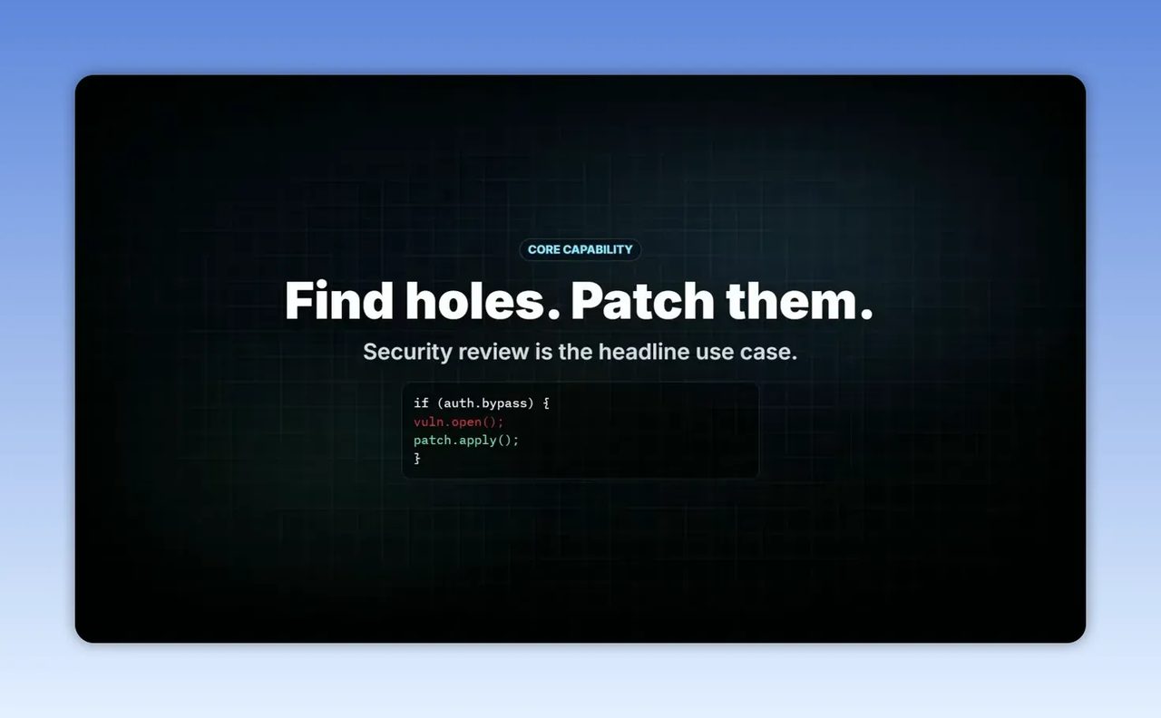 สไลด์ข้อความ Find holes. Patch them. พร้อมตัวอย่างโค้ดบนพื้นหลังสีเข้ม