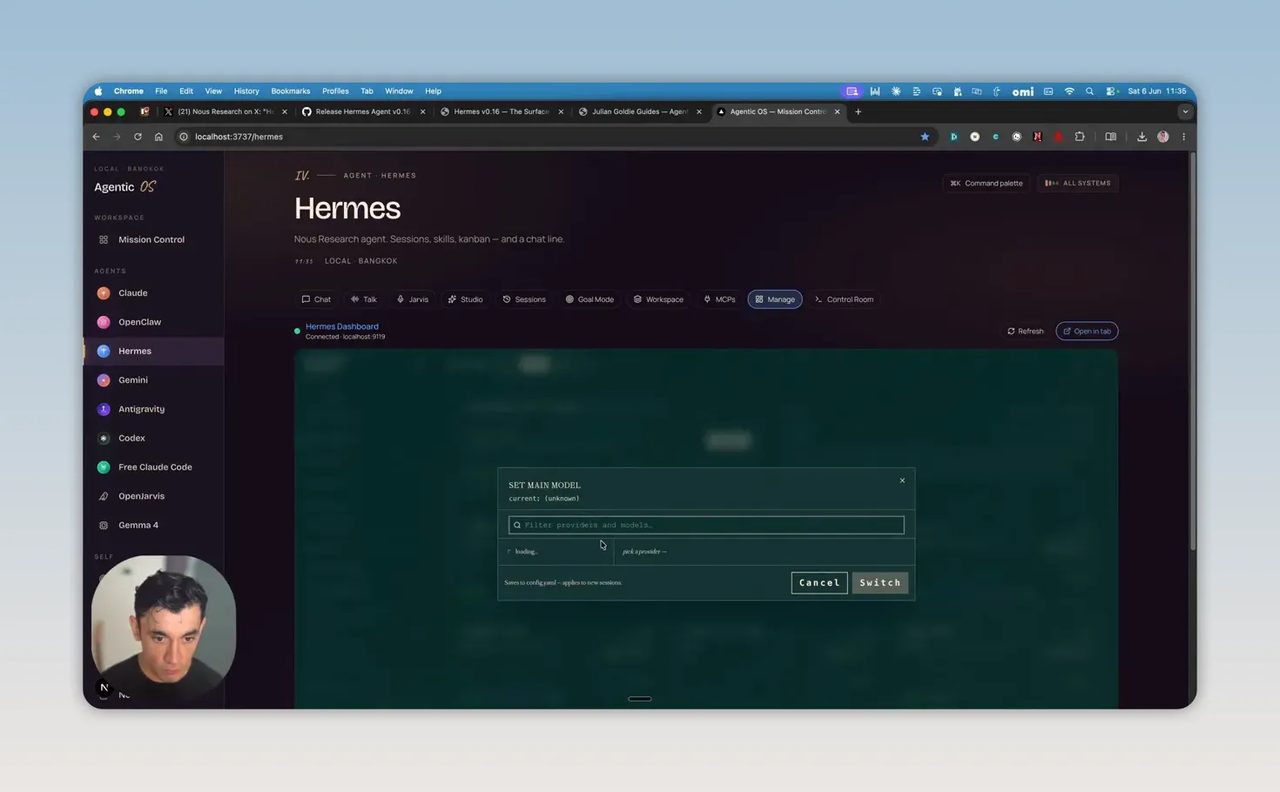 หน้าต่างเลือกโมเดลใน Hermes พร้อมรายการโมเดลหลายรายการในกล่องเลือก