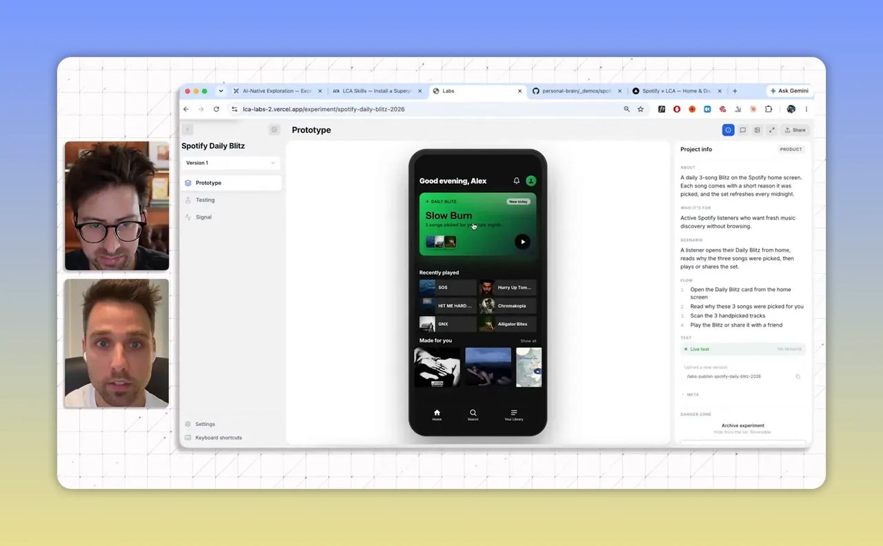 หน้าจอแอปมือถือสไตล์ Spotify แสดงหน้าแรกและการ์ดฟีเจอร์ Daily Blitz