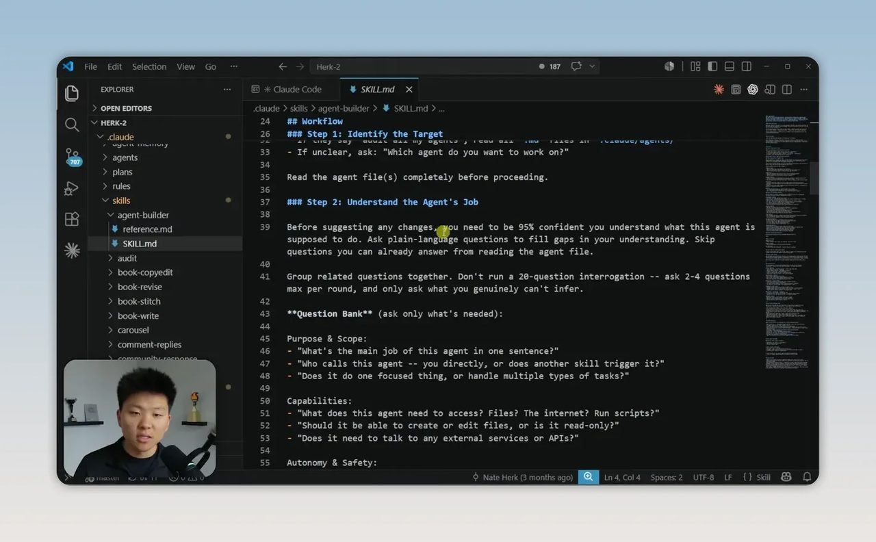 หน้าจอ VS Code แสดงไฟล์ markdown ของ agent พร้อมส่วนตั้งค่าด้านบนและคำสั่งด้านล่าง