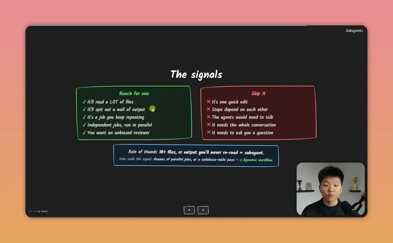 สไลด์หัวข้อ use subagents พร้อมรายการข้อดีและข้อควรหลีกเลี่ยงสองฝั่ง