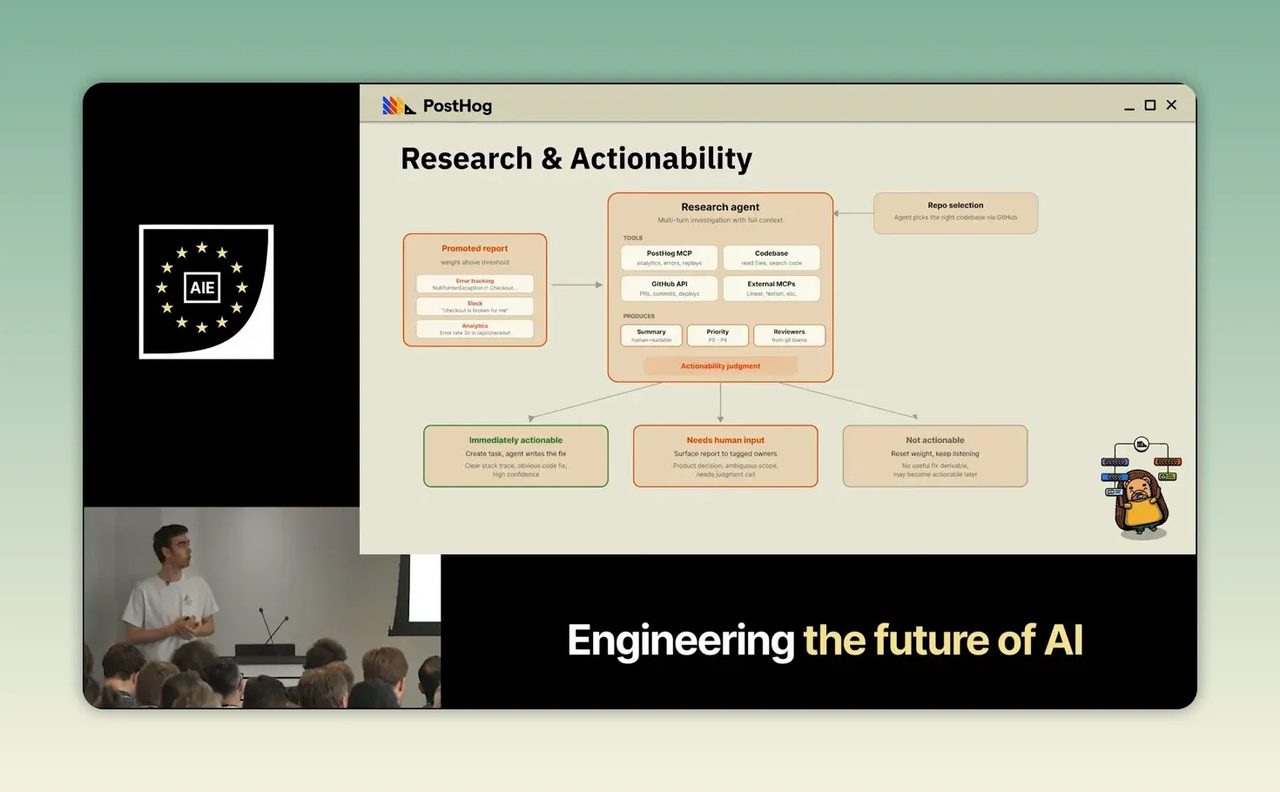 สไลด์หัวข้อ Research and Actionability แสดงส่วนของ research agent เครื่องมือที่ใช้ และผลลัพธ์การตัดสินใจ