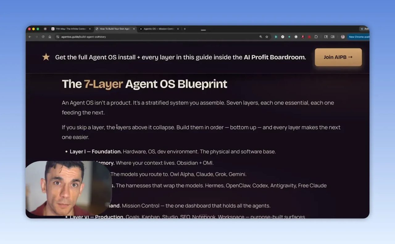 หน้าเว็บหัวข้อ The 7-Layer Agent OS Blueprint พร้อมรายการเลเยอร์