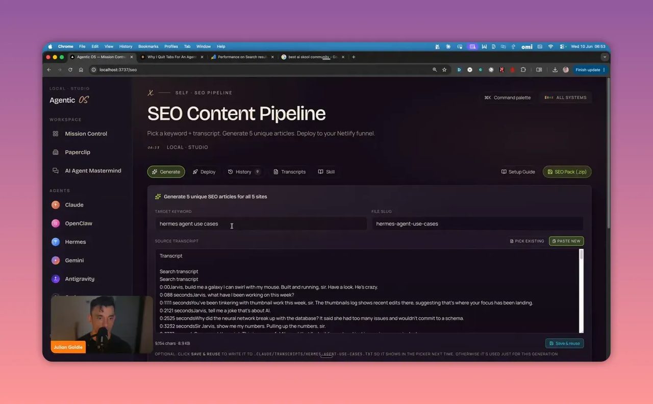 หน้าจอ SEO Content Pipeline แสดงช่องกรอก keyword และข้อความ case study