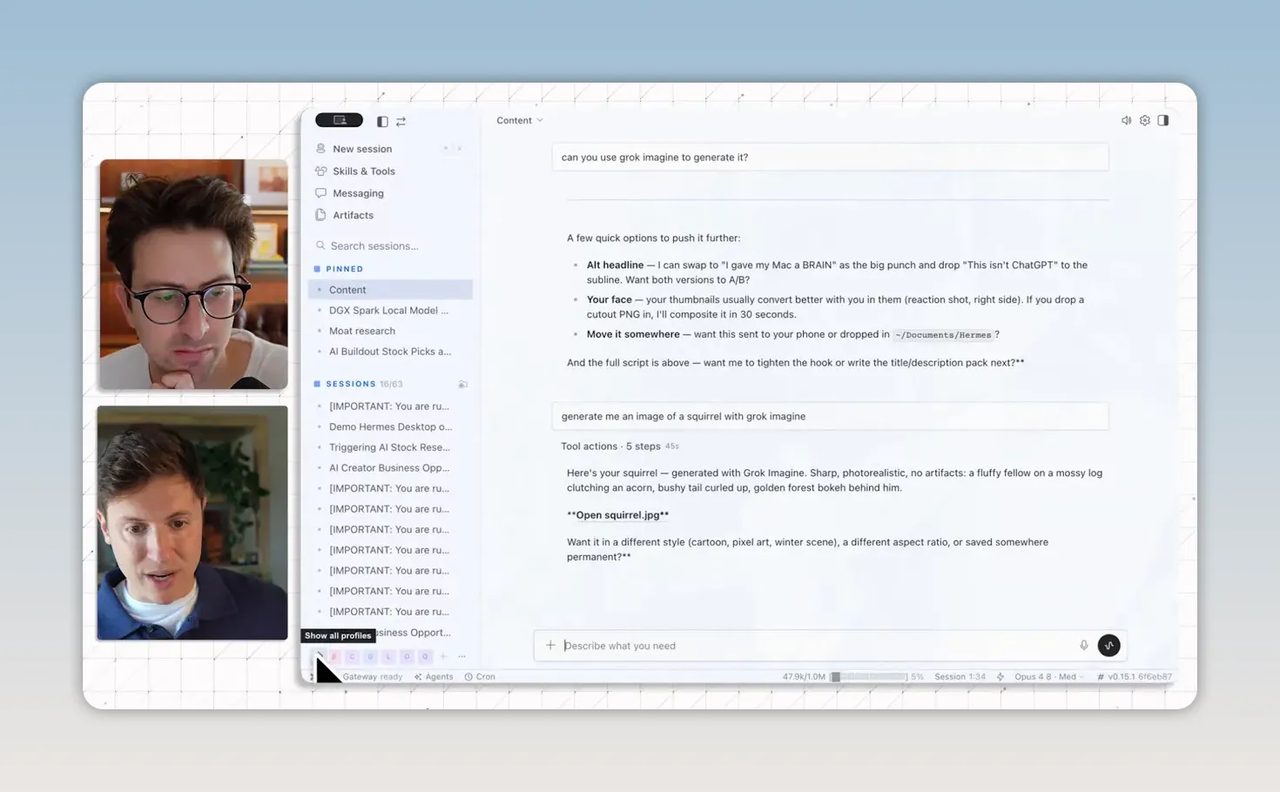 แถบด้านล่างของ Hermes แสดงรายชื่อโปรไฟล์หลายตัว เช่น default coder librarian oracle และ quen