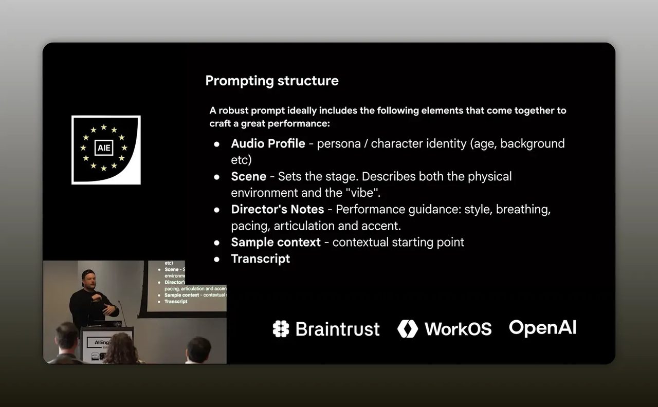 สไลด์ Prompting structure แสดงหัวข้อ Audio Profile Scene Director