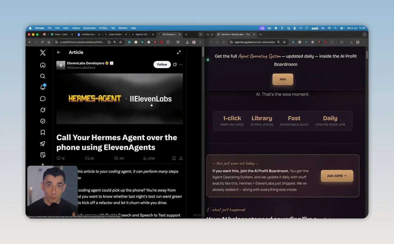 หน้าเอกสารหัวข้อ Call Your Hermes Agent over the phone using ElevenAgents อยู่ด้านซ้าย และหน้าเว็บ Hermes อยู่ด้านขวา