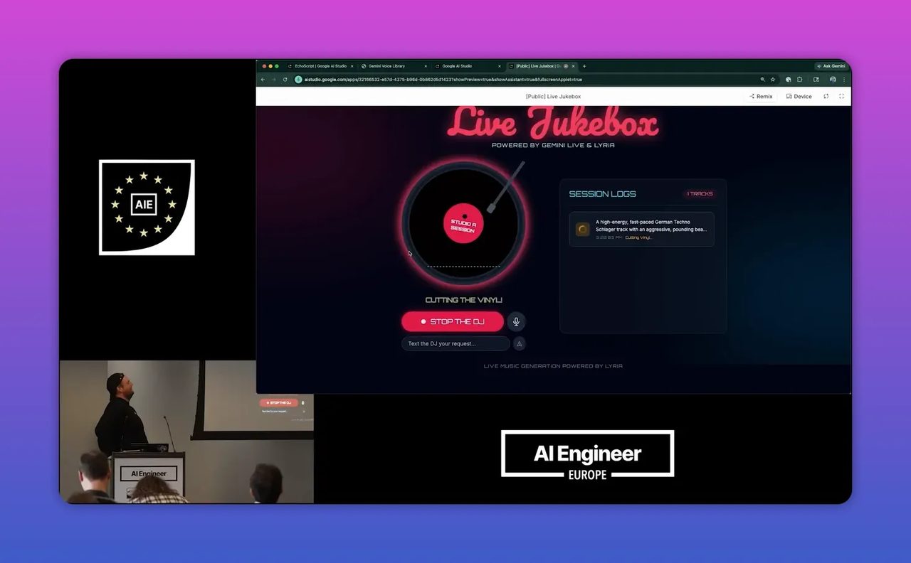 หน้าเว็บ Live Jukebox แสดงแผ่นเสียงหมุน ปุ่มควบคุม และพื้นที่ข้อความด้านขวา