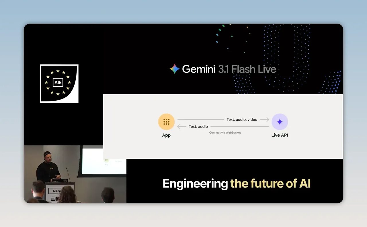 สไลด์ Gemini 3.1 Flash Live แสดงแผนภาพเชื่อมจาก App ผ่าน WebSocket ไปยัง Live API