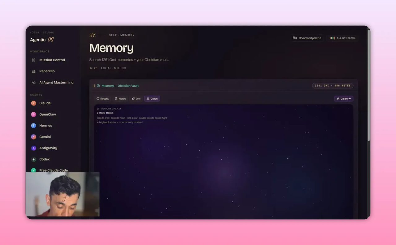 หน้าจอ Memory ของ Agent OS แสดงรายการข้อมูลที่บันทึกไว้ในพื้นหลังสีม่วงเข้ม
