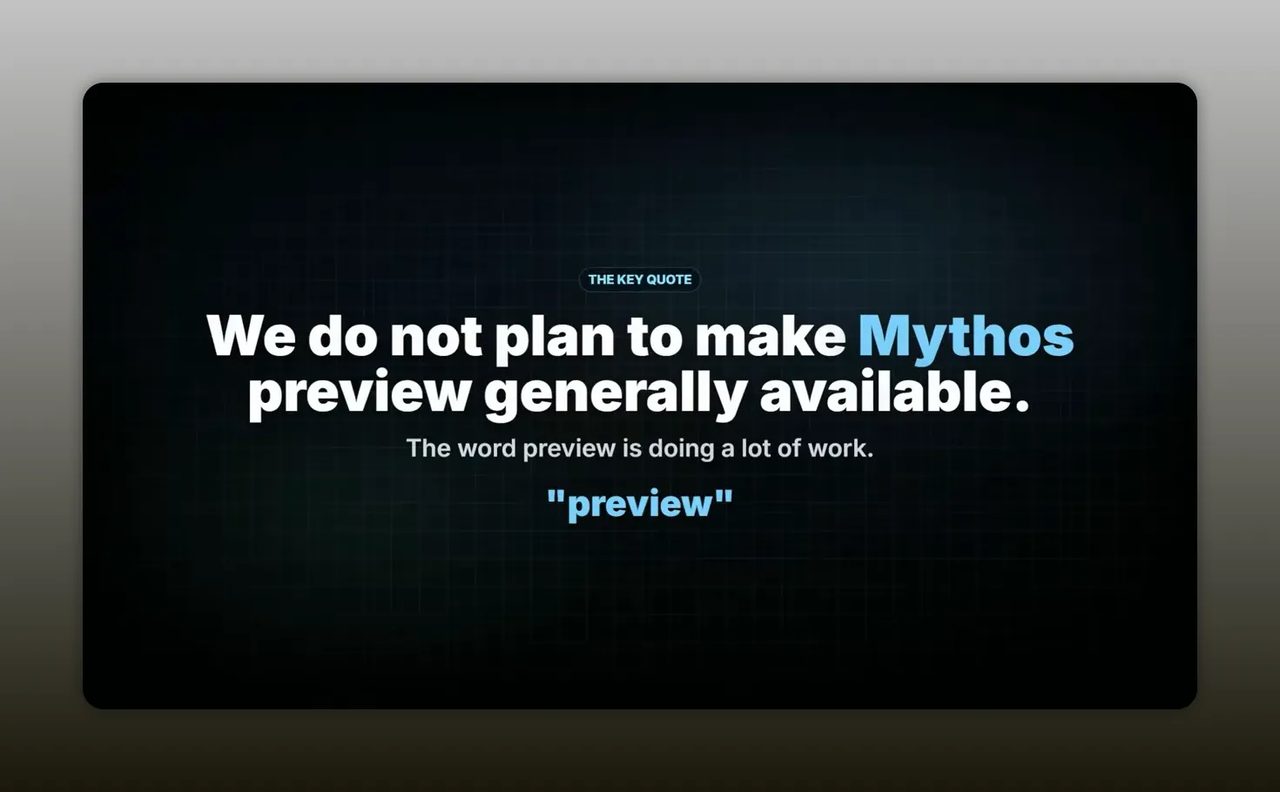 สไลด์ข้อความ We do not plan to make Mythos preview generally available บนพื้นหลังสีเข้ม