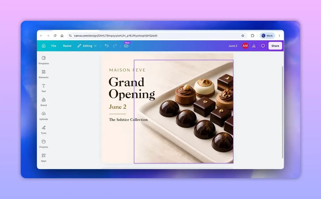 หน้าจอ Canva เปิดงานออกแบบ Grand Opening ที่ยังแก้ไขข้อความและภาพได้