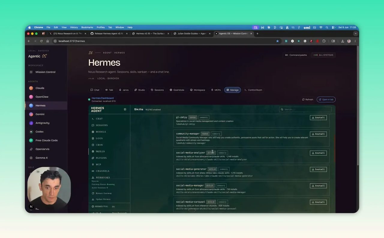 หน้าค้นหา skills ใน Hermes พร้อมรายการ skills หลายรายการและปุ่มติดตั้ง