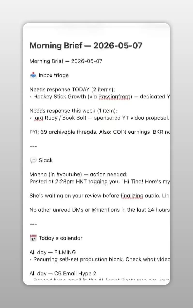 เอกสาร Morning Brief พร้อมหัวข้อ inbox triage และรายการงาน