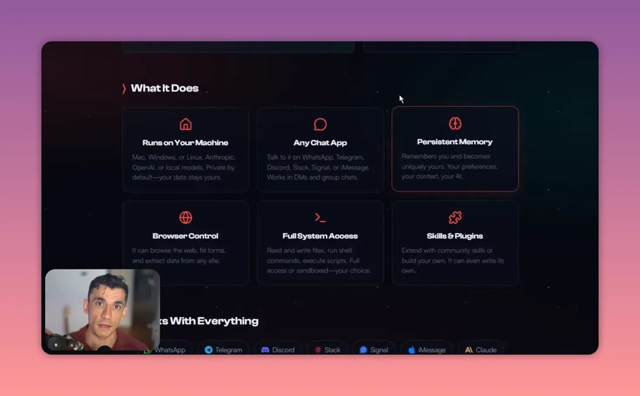 หน้าเว็บ OpenClaw แสดงส่วนความสามารถหลัก เช่น เข้าถึงเครื่อง ความจำถาวร และปลั๊กอิน