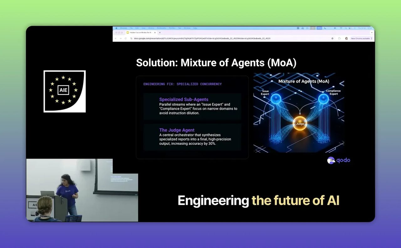 สไลด์หัวข้อ Multi Agent Architecture ของ Qodo แสดง context collector sub agents และ judge